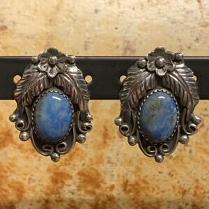 Sterling Silver & Sodalite Earrings Vintage Native Flower & Feather Design